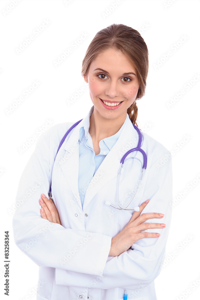 Friendly smiling young female doctor, isolated 