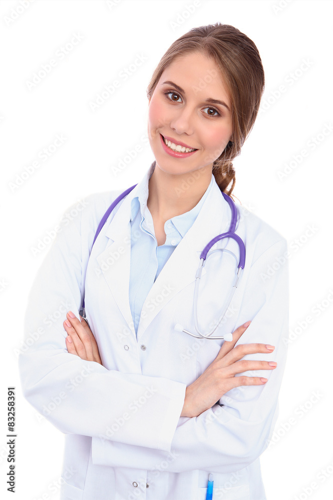 Friendly smiling young female doctor, isolated Friendly smiling young female doctor, isolated