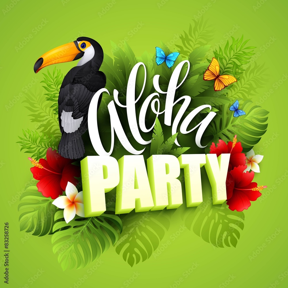 Naklejka premium Aloha Hawaii. Hand lettering with exotic flowers. Vector