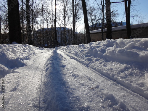 Снежная дорога в парке в солнечный день