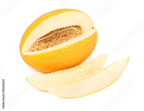 Piece of ripe melon and two slices (isolated)