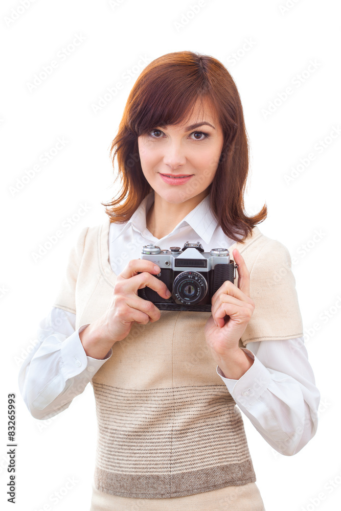 Portrait of a pretty adult tourist taking photographs with Portrait of a pretty adult tourist taking photographs with
