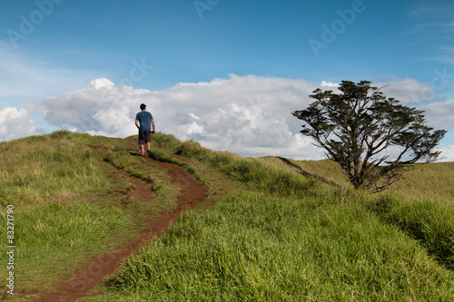Man walks on the trail at the top of the hill