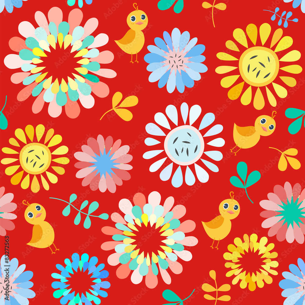 Seamless pattern with cute flowers and birds. Seamless pattern with cute flowers and birds.