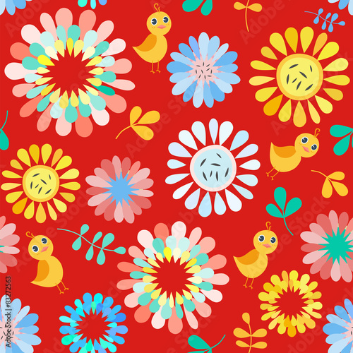 Seamless pattern with cute  flowers and birds. 