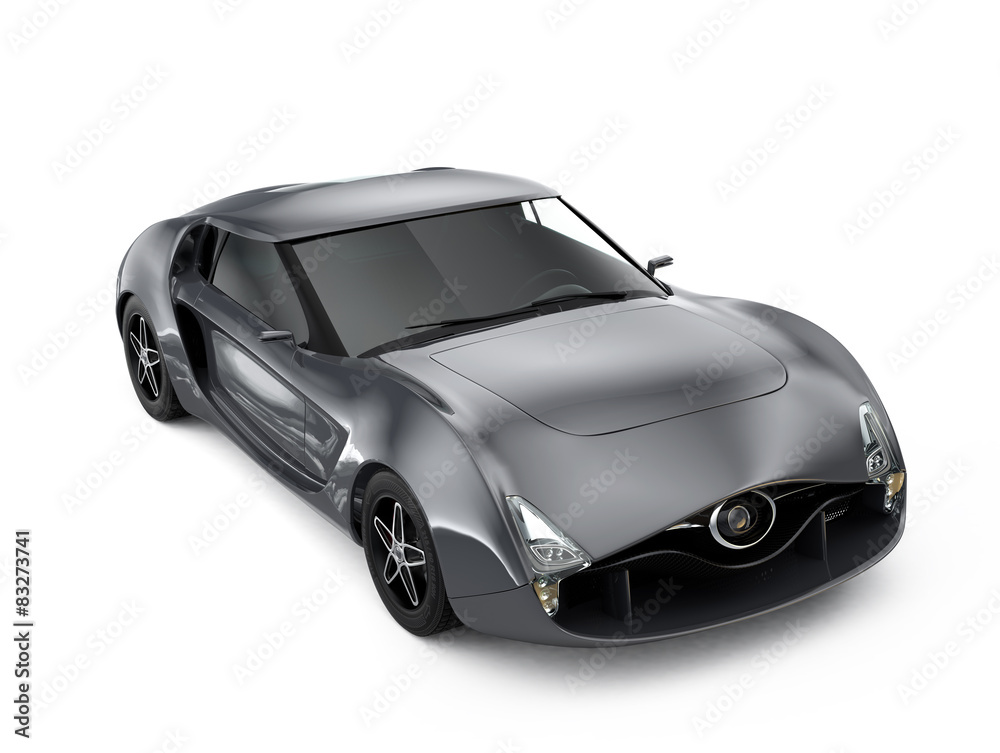 Metallic gray sports car on white background