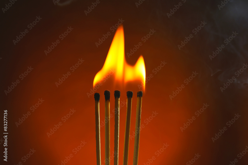 Fototapeta premium Burning matches with smoke on dark color background