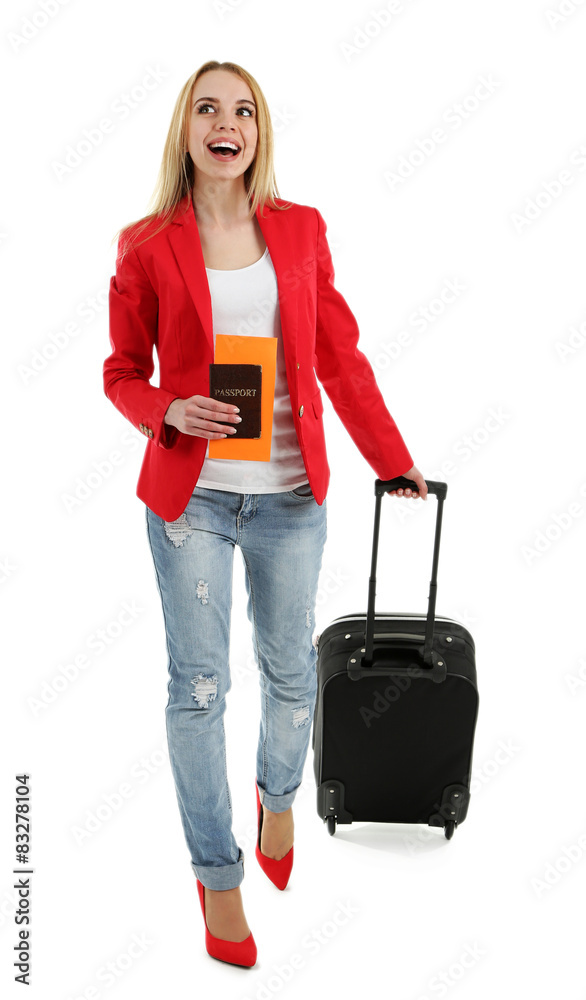Woman holding suitcase, isolated on white