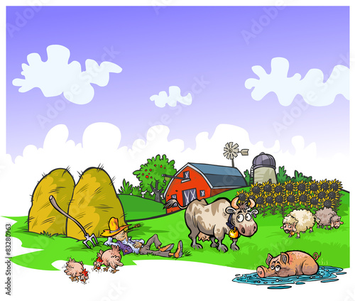 Cartoon illustration of a quiet farm. 