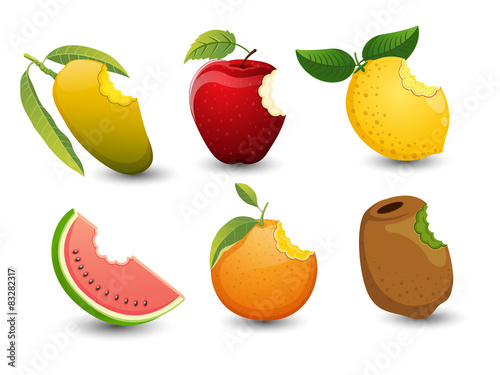 Fruits are bite marks isolated on white background