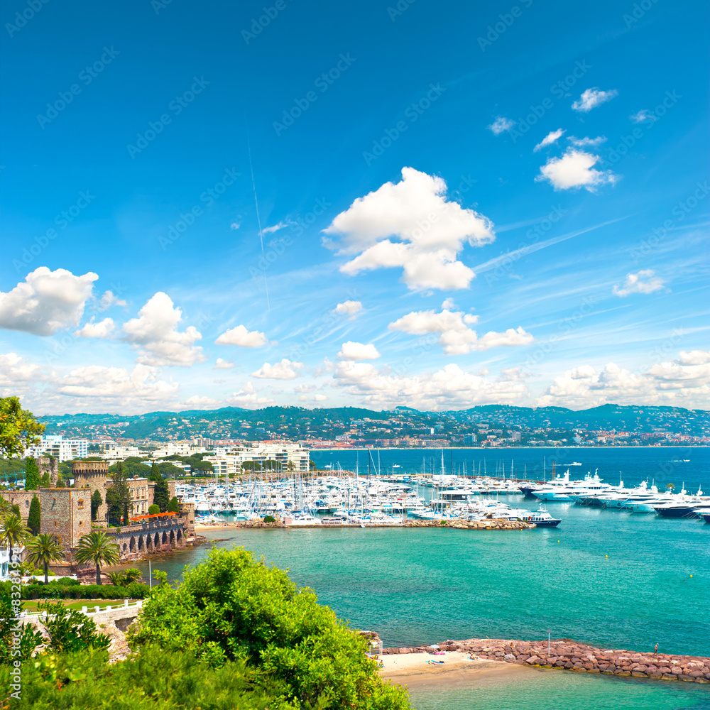 Mediterranean landscape with cloudy blue sky. French riviera