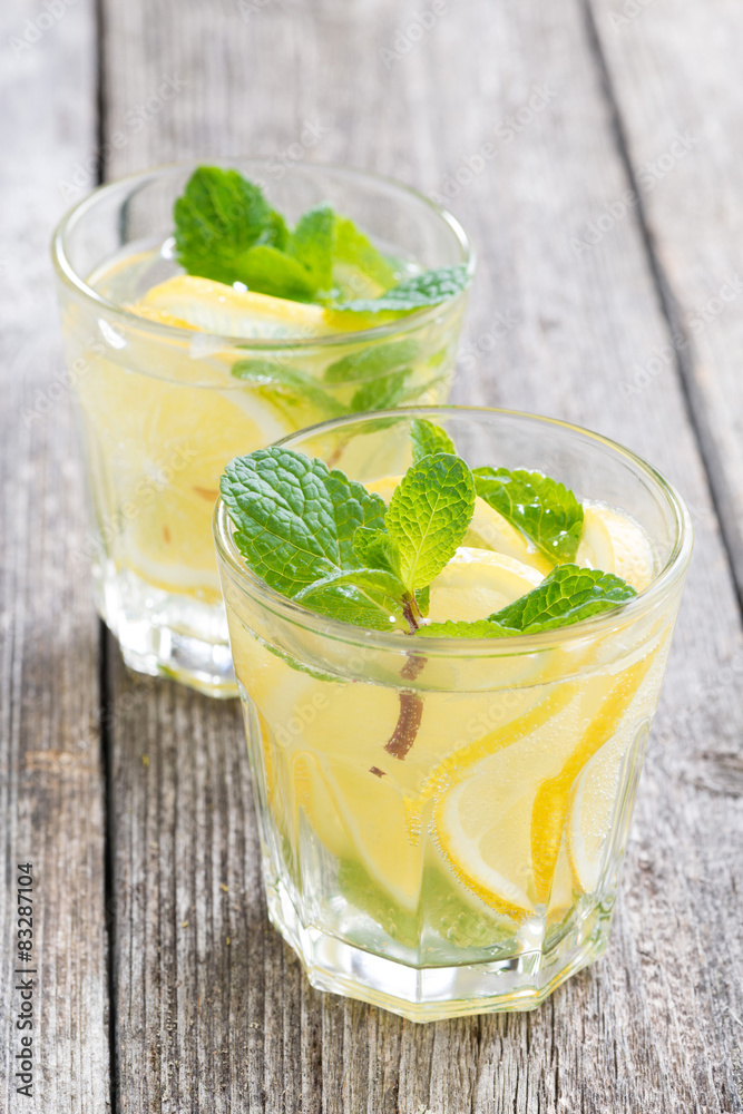 refreshing mint lemonade on a wooden table refreshing mint lemonade on a wooden table