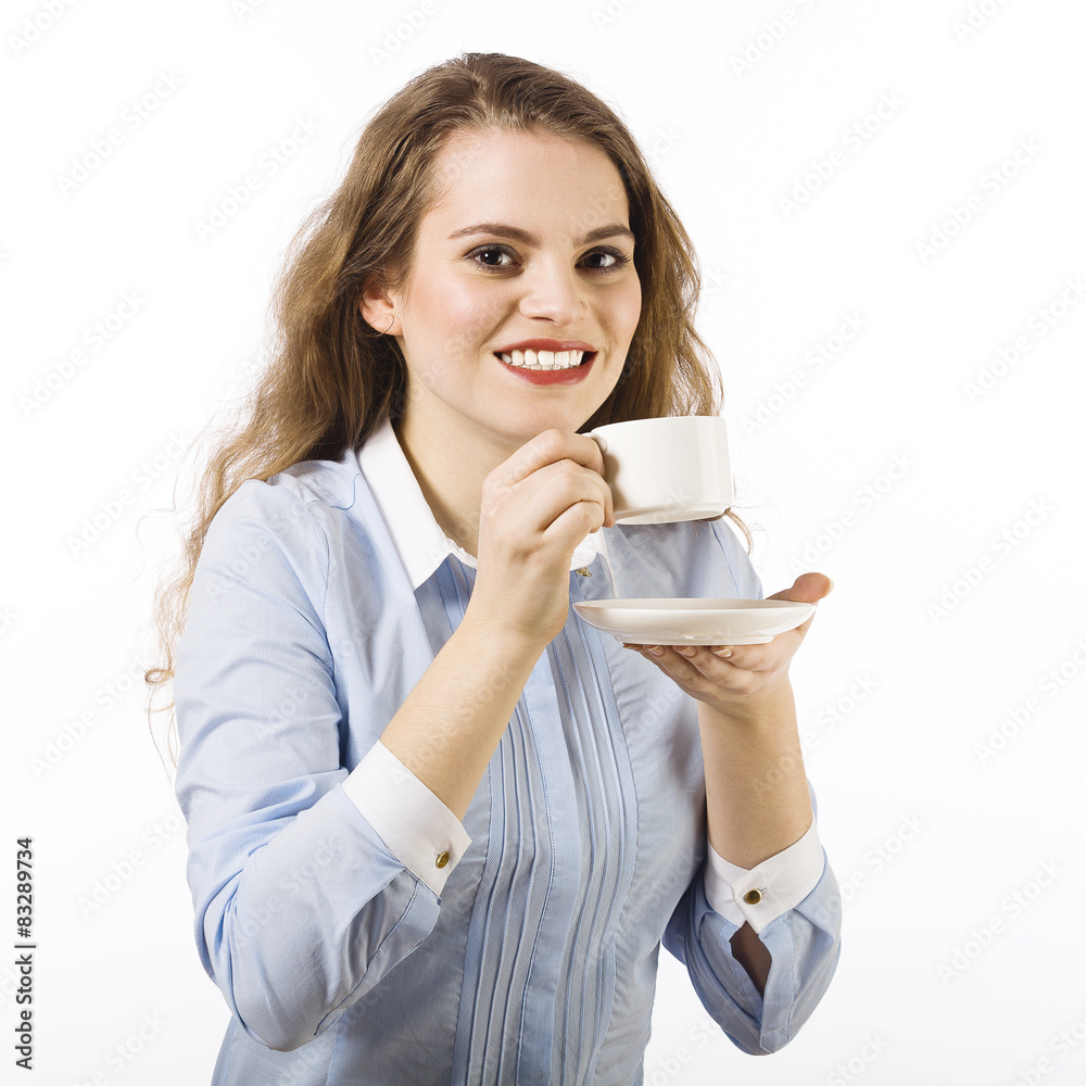 Portrait of a beautiful smiling young woman dressed in a blue sh Portrait of a beautiful smiling young woman dressed in a blue sh