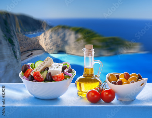  Navagio beach with Greek salad in Zakynthos, Greece