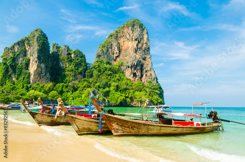 Many Boats On Beautiful Tropical Sand Beach, Krabi, Thailand
