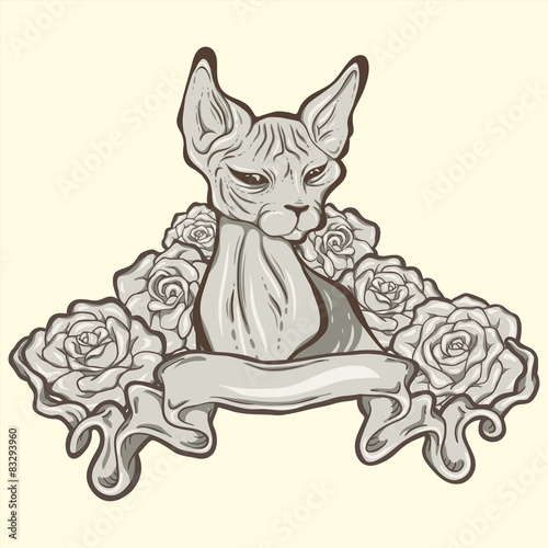 Sphinx cat with ribbon and roses