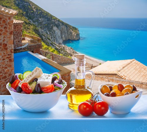Lefkada island with Greek salad in Greece