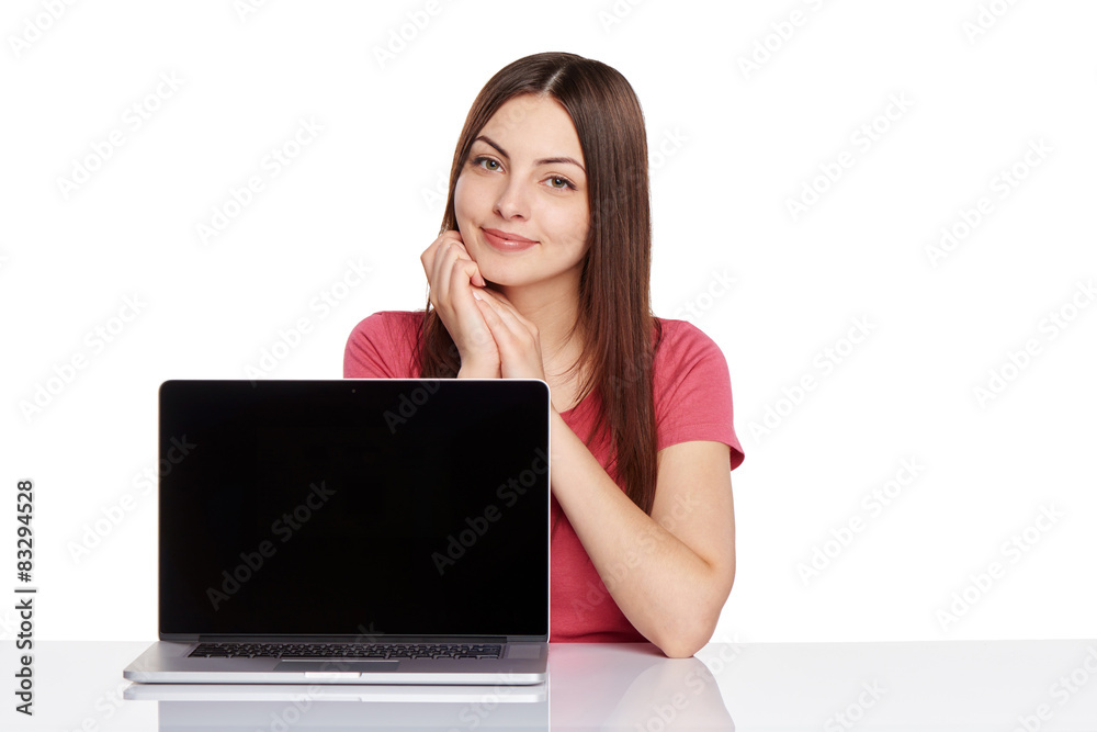 Woman showing laptop screen Woman showing laptop screen