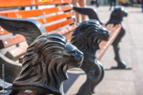 park bench with cast iron legs in the form of a lion's head