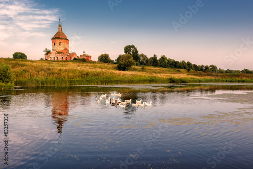 Rural country landscape with an old church and a pond with geese in summer in the village, Russia