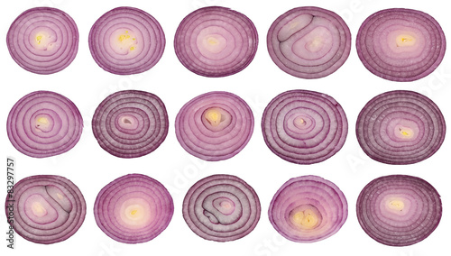 Set of red onion slices on a white