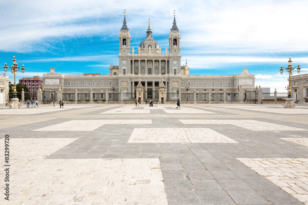 View on Almudena Cathedral by Gate Royal Palace in Madrid