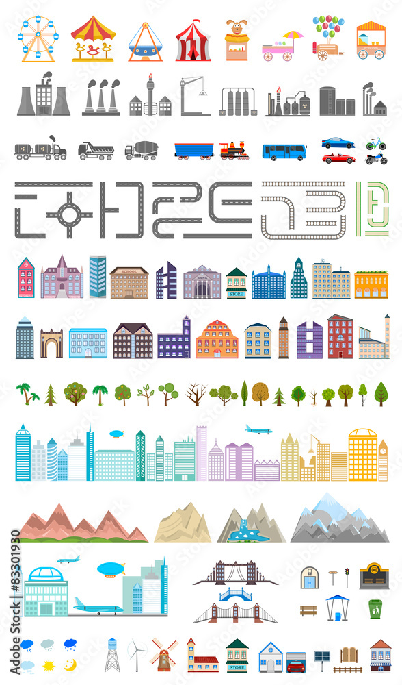 Elements of the modern big city or village - stock vector
