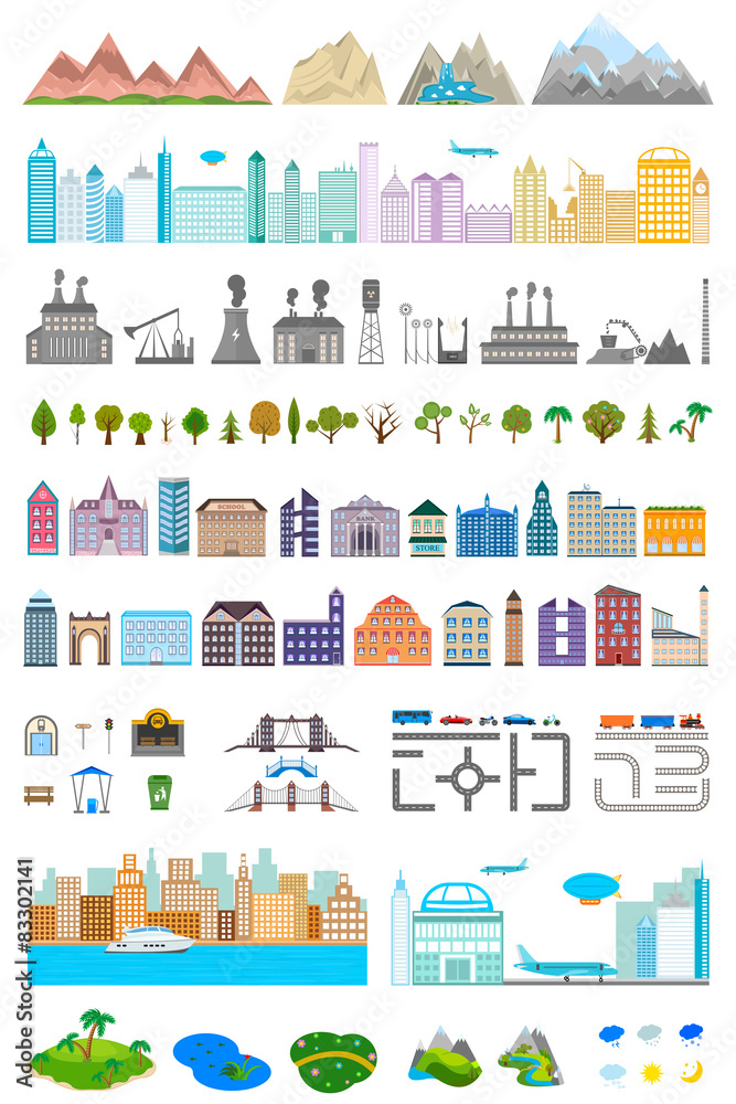Elements of the modern city and village - stock vector Elements of the modern city and village - stock vector