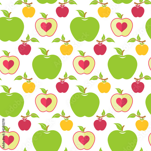 Seamless pattern with green, red and yellow apples