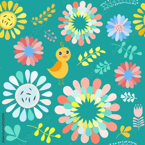 Vector floral pattern with colorful  flowers and birds 