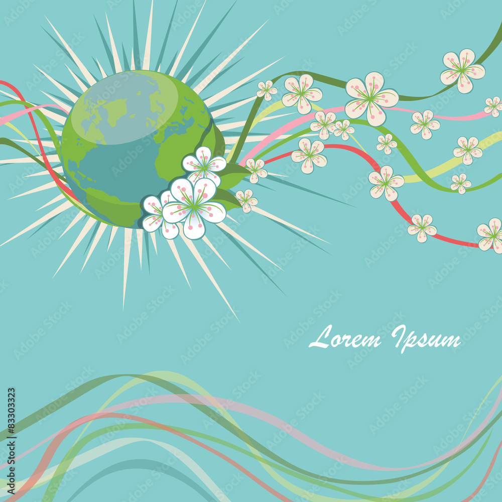 Planet earth with spring flowers and curly ribbons