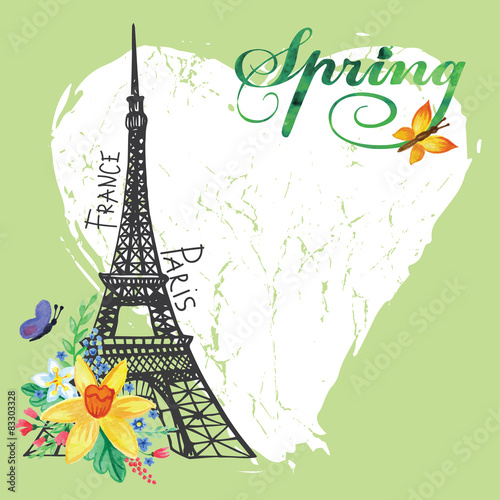 Paris vintage spring card.Eiffel tower Watercolor flowers