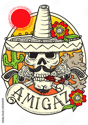 Cartoon mexican bandit in a sombrero with pistols and cigar