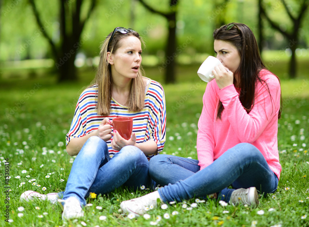 Fototapeta premium Young women drinking coffee at park and enjoying summer day
