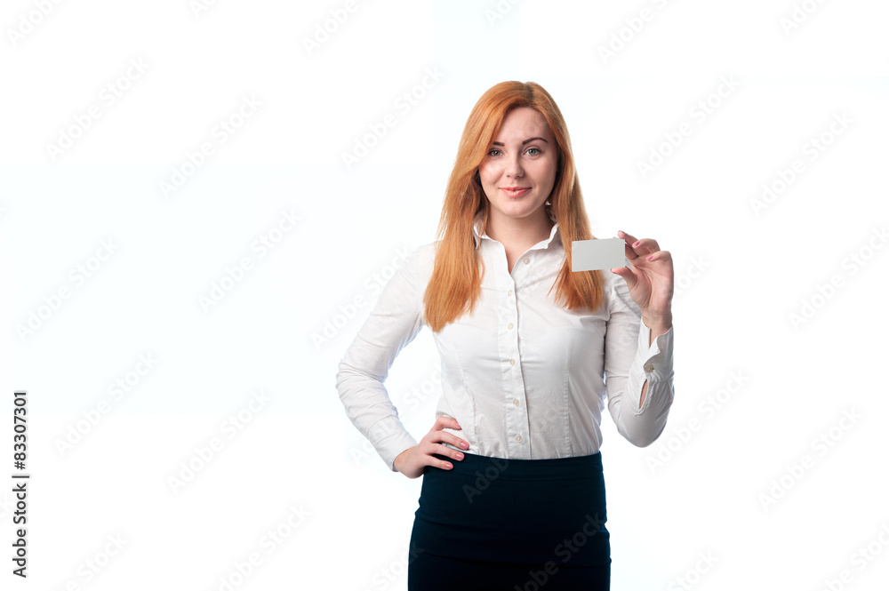 Beautiful woman showing his business card Beautiful woman showing his business card