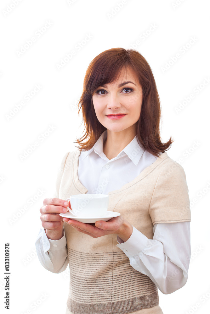 Woman enjoys her cup of tea on white background Woman enjoys her cup of tea on white background