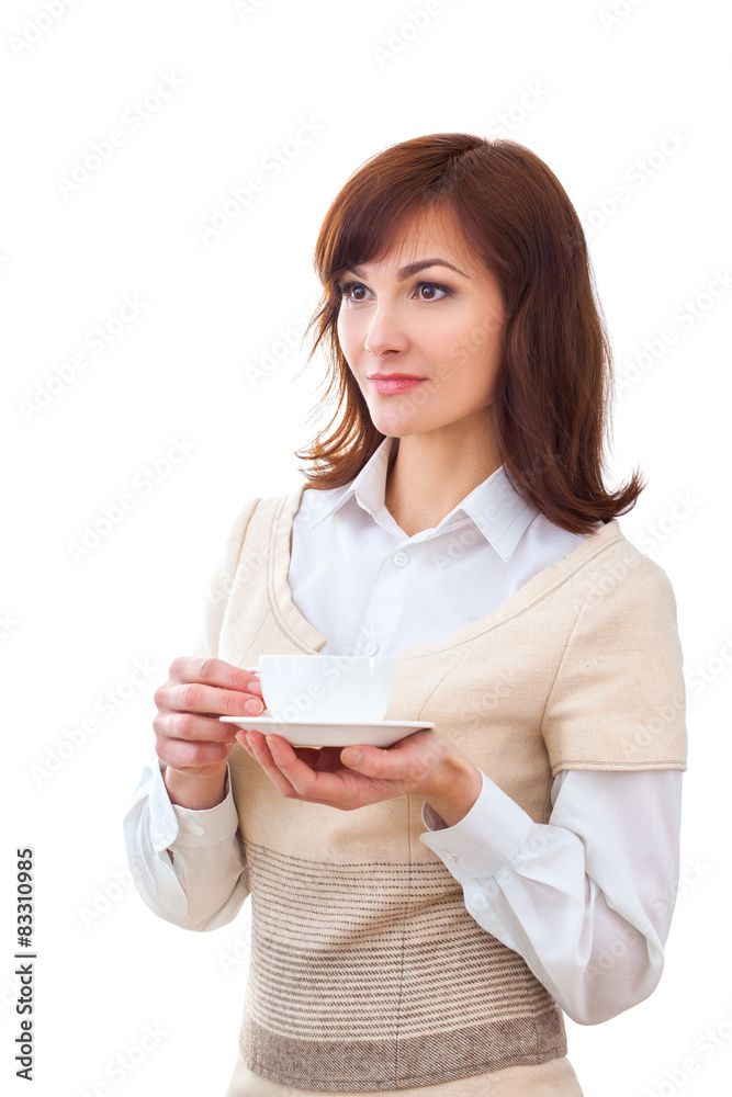 Woman enjoys her cup of tea on white background Woman enjoys her cup of tea on white background