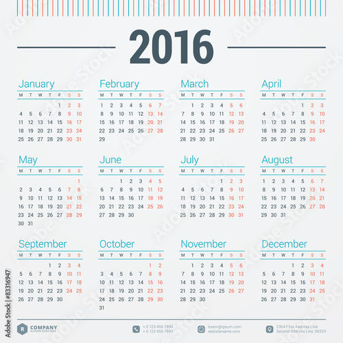 Calendar 2016 Vector Design Template. Week Starts Monday