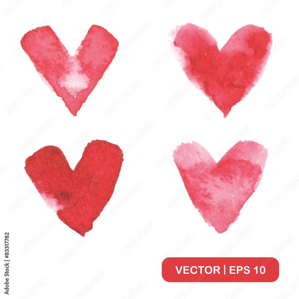 Watercolor Valentines Day Hearts in red color. Vector