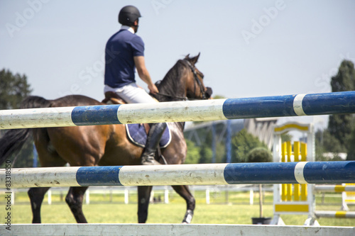 Rider jumping on horseback competing in equestrian tournament