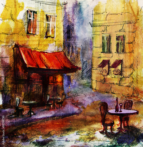 French  outdoor european cafe painting, graphic drawing in color #83318790
