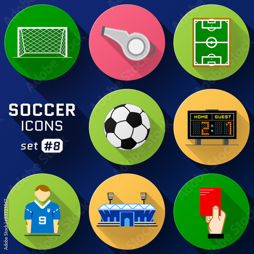 Color flat icon set of soccer elements. Pack of football symbols