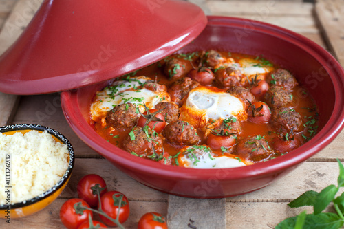 Moroccan tagine of lamb with kefta (meatballs), tomatoes and egg