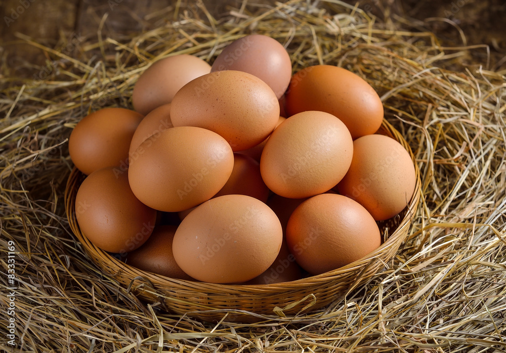 egg in a basket on the dried grass egg in a basket on the dried grass