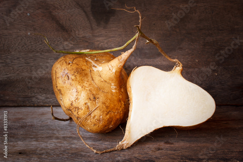 Raw Organic Brown Jicama or yam-bean. photo