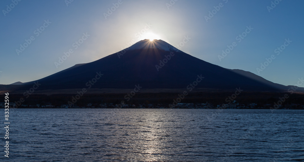 Fuji diamond at Lake Yamanakako , Sunset at Top of Mountain Fuji