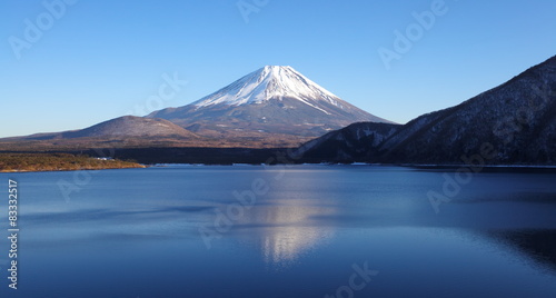 Mountain fuji and Lake Motosu in spring season