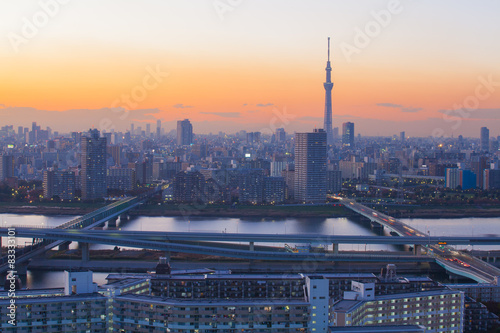Photography Tokyo city view with Tokyo sky tree and river in evening