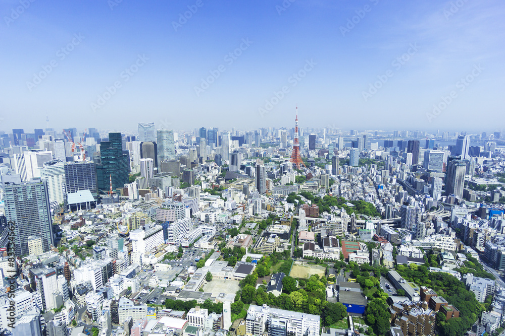 東京都市風景 六本木超高層ビルから望む東京タワーと町並 青空 新緑 俯瞰 東京都市風景 六本木超高層ビルから望む東京タワーと町並 青空 新緑 俯瞰