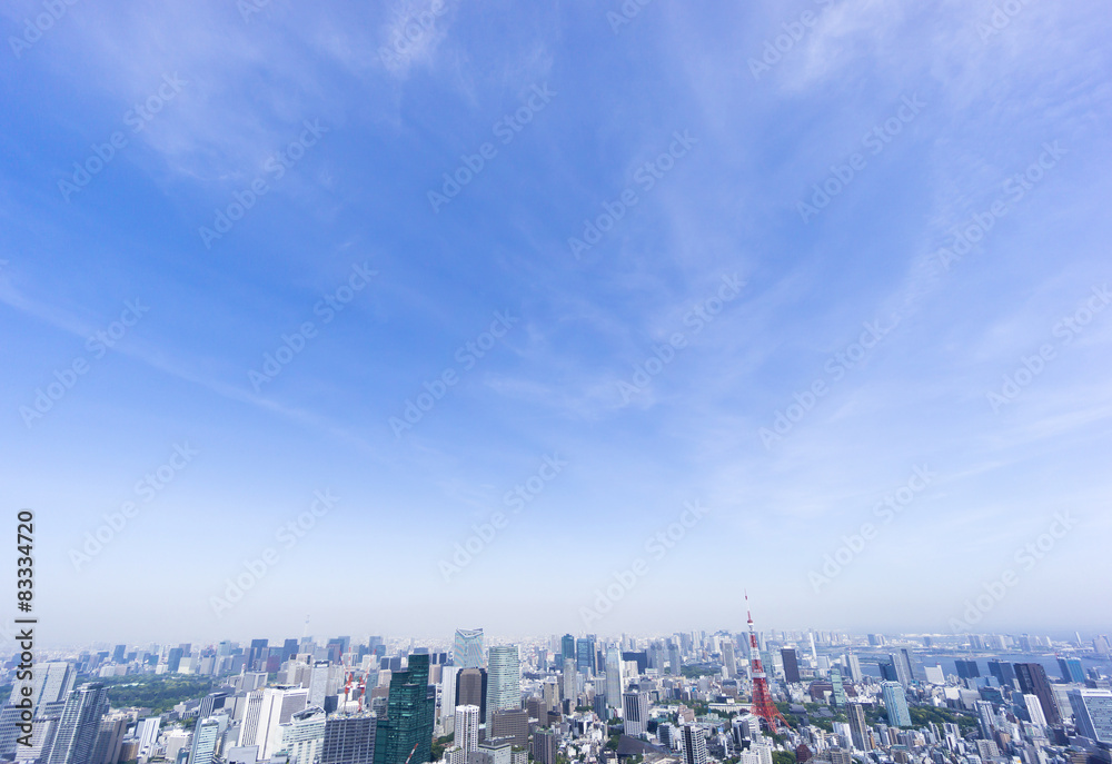 東京都市風景　東京タワーと東京の町並全景　青空　新緑　大空　コピースペース